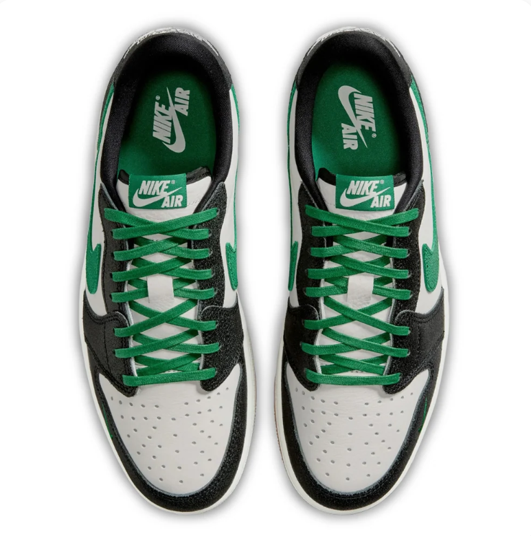 Air Jordan 1 Low Sneakers - Black, White & Green with Gum Outsole