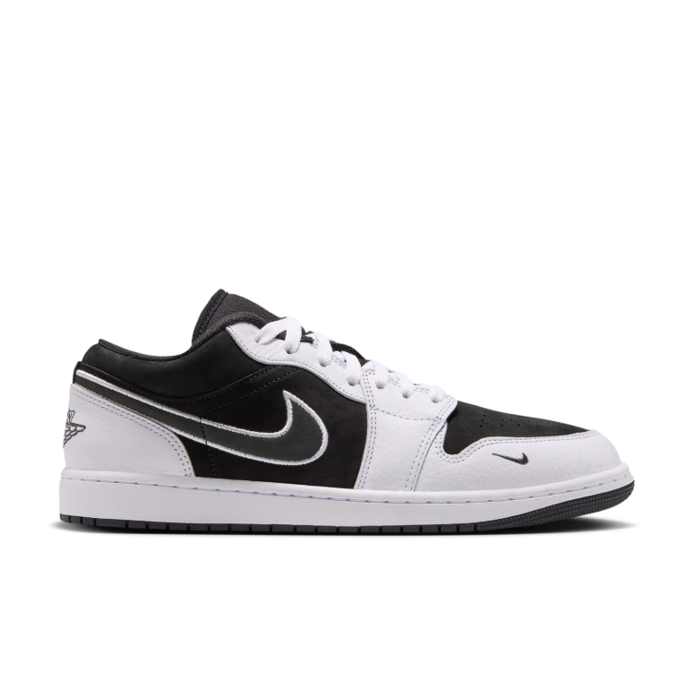 Air Jordan 1 Low Sneakers - Black & White with Outlined Swoosh