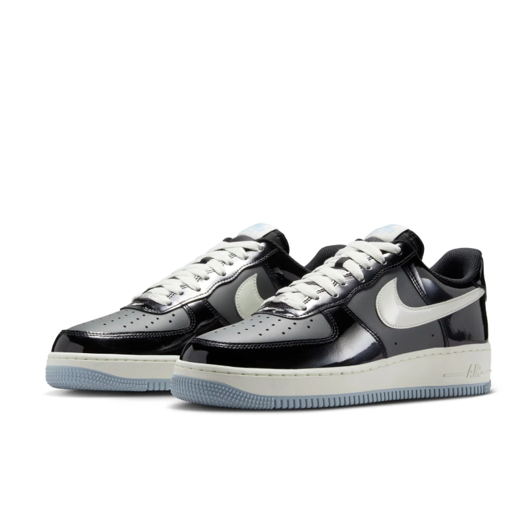Nike Air Force 1 Low Sneakers - Glossy Black & Grey with Light Blue Outsole