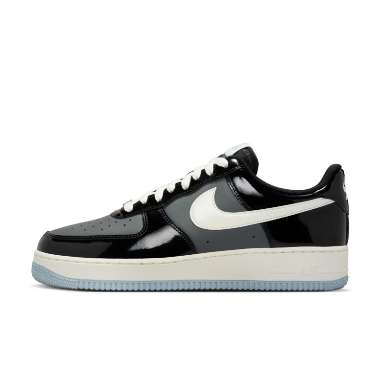 Nike Air Force 1 Low Sneakers - Glossy Black & Grey with Light Blue Outsole
