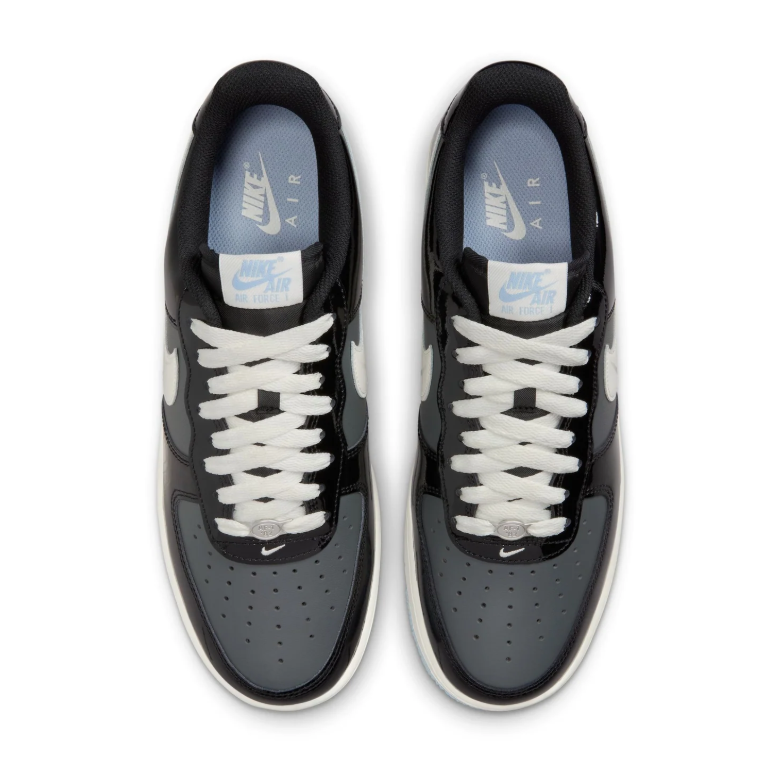 Nike Air Force 1 Low Sneakers - Glossy Black & Grey with Light Blue Outsole