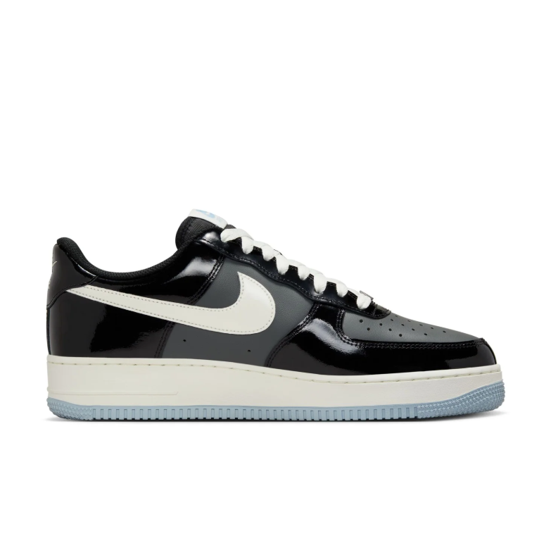 Nike Air Force 1 Low Sneakers - Glossy Black & Grey with Light Blue Outsole