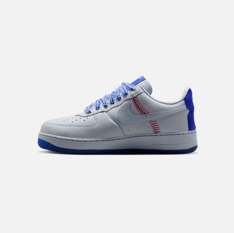 Nike Air Force 1 Low Sneakers - Light Grey & Blue with Red Stitch Details