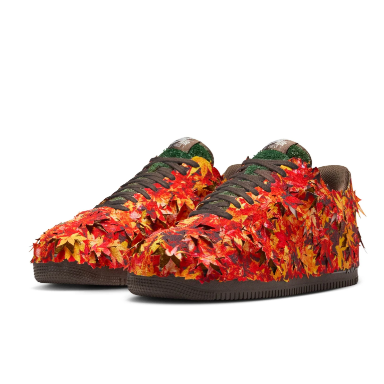 Nike Air Force 1 Low Sneakers - Autumn Leaf Overlays with Dark Brown Sole