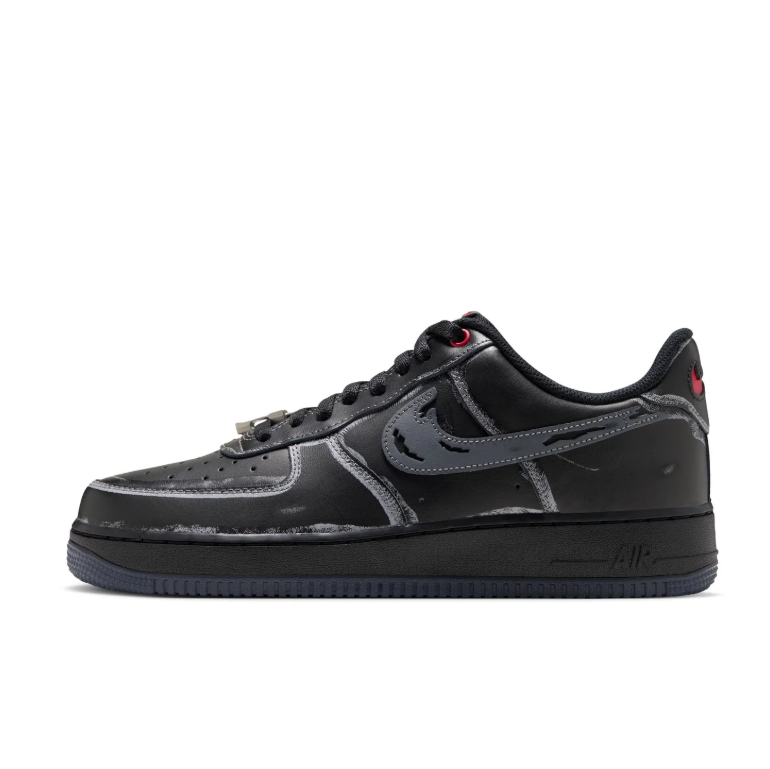 Nike Air Force 1 Low Sneakers - Distressed Black & Grey with Red Accents