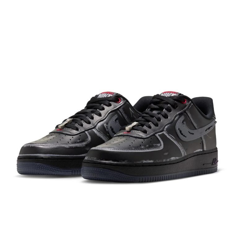 Nike Air Force 1 Low Sneakers - Distressed Black & Grey with Red Accents