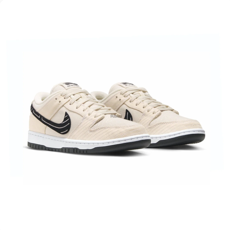 Nike SB Dunk Low Pro Sneakers - Cream with Black Graphic Swoosh