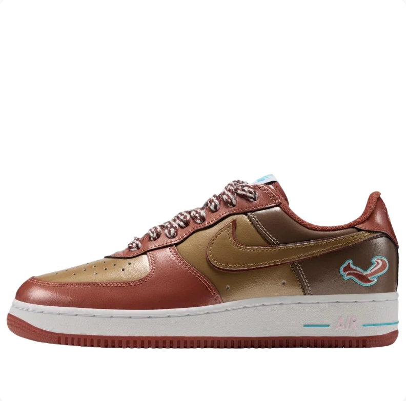 Nike Air Force 1 Low Sneakers - Reddish Brown & Tan with Teal Accents