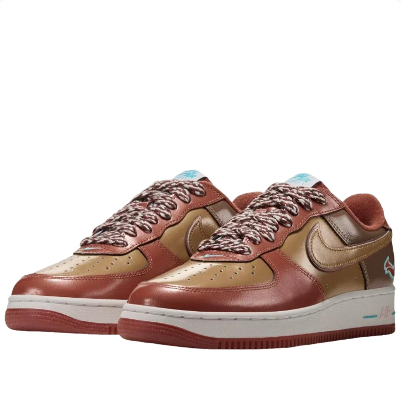 Nike Air Force 1 Low Sneakers - Reddish Brown & Tan with Teal Accents