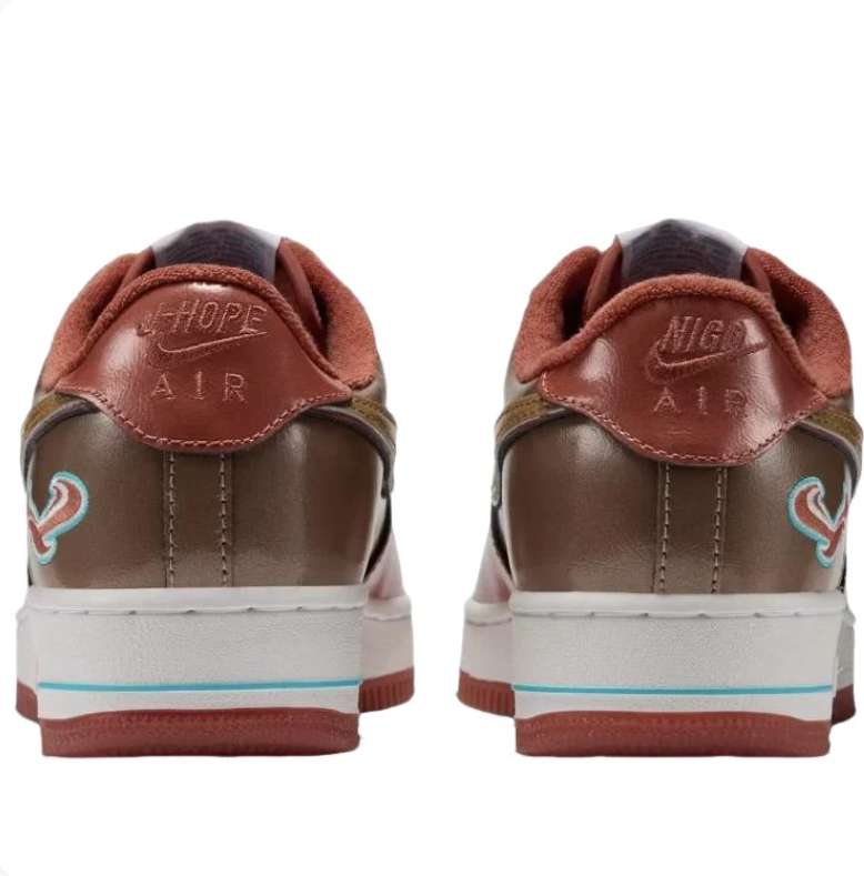 Nike Air Force 1 Low Sneakers - Reddish Brown & Tan with Teal Accents