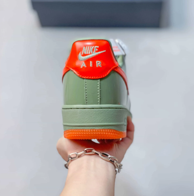 Nike Air Force 1 Low Sneakers - Glossy Sage Green & Bright Orange